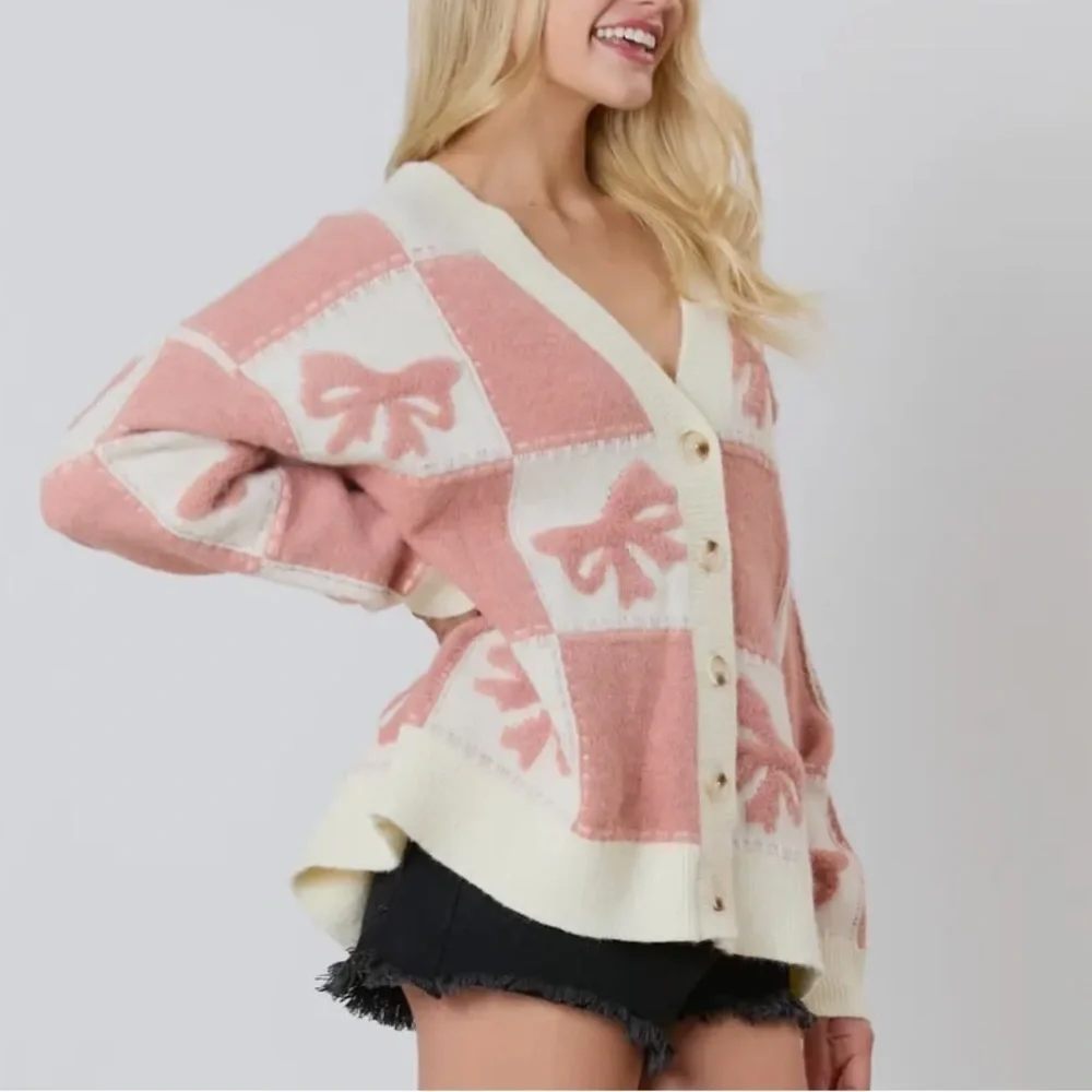 Jane Bow Check Sweater ✨ 3D Bow and Square Pattern Oversized Cardigan - Picture 8 of 8